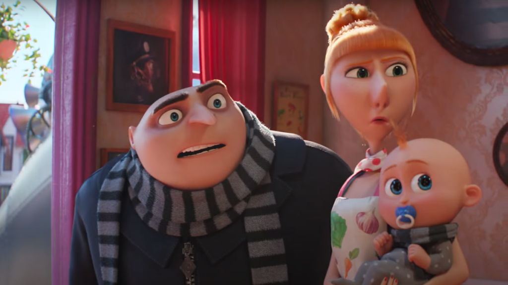 Gru, Lucy e Gru Jr in una scena del film Cattivissimo Me 4 