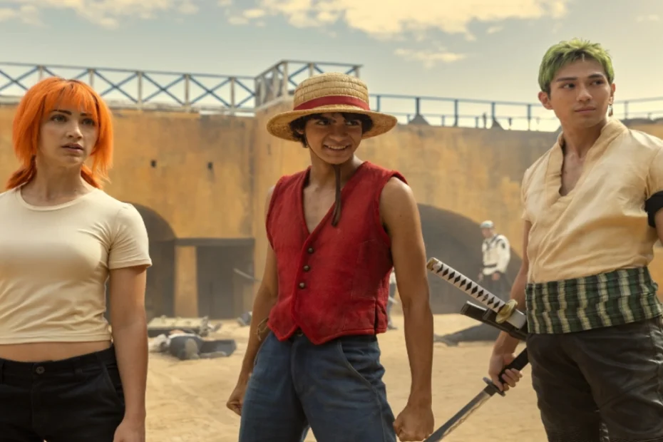 Iñaki Godoy, Mackenyu e Emily Rudd in una foto della serie tv di Netflix One Piece