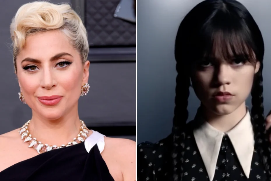 In foto la cantante Lady Gaga e Jenna Ortega nei panni di Mercoledì Addams