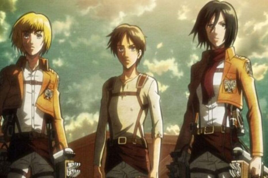 Eren Jaeger, Mikasa Ackerman e Armin Arlert in una scena di Attack on Titan, uno dei Migliori Anime da vedere di sempre